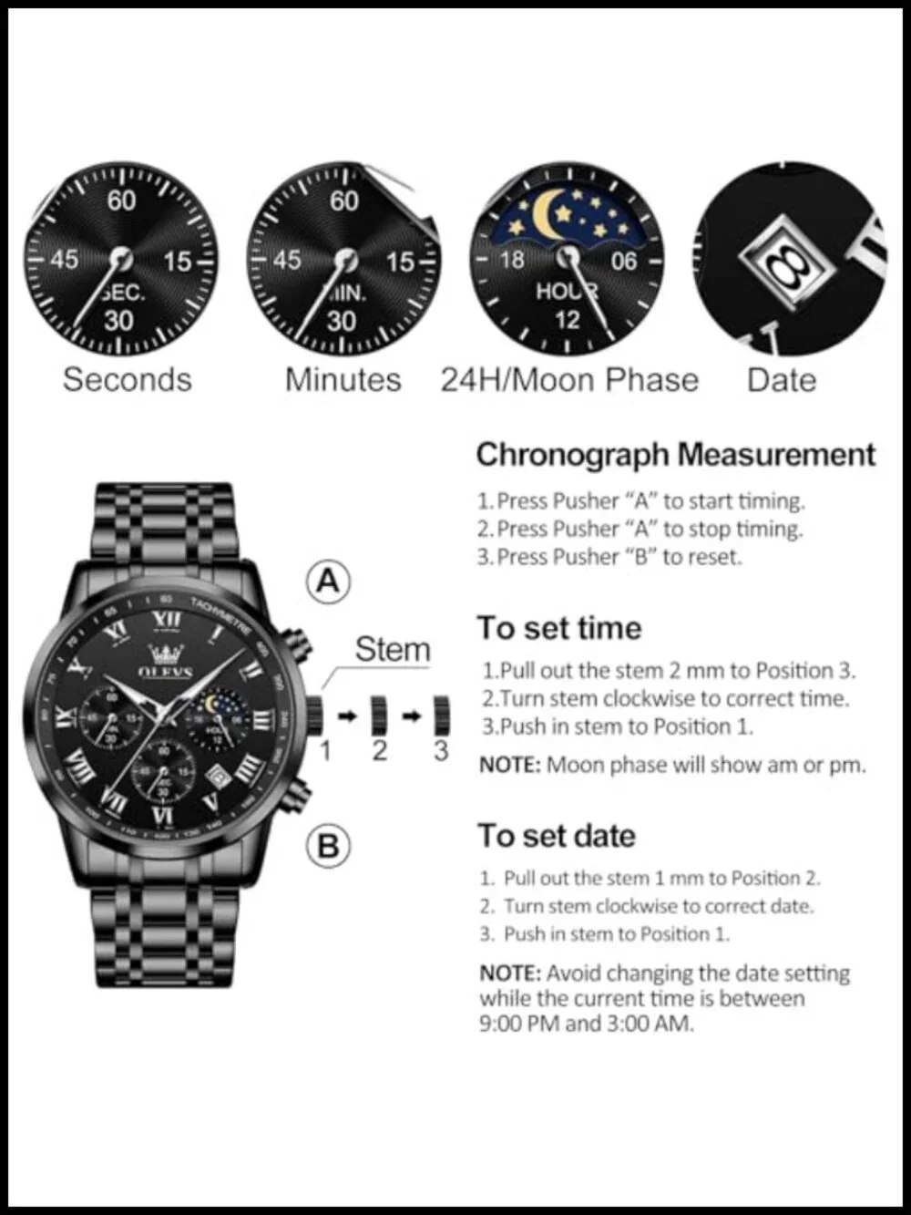 Men's Stainless Steel Chronograph Watch Big Face Roman Numerals Analog Quartz
